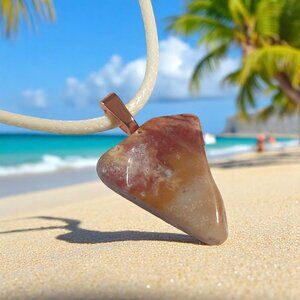 Natural Stone Agate Pendant Necklace Adjustable Cream Cord Rose Gold Tone Accent